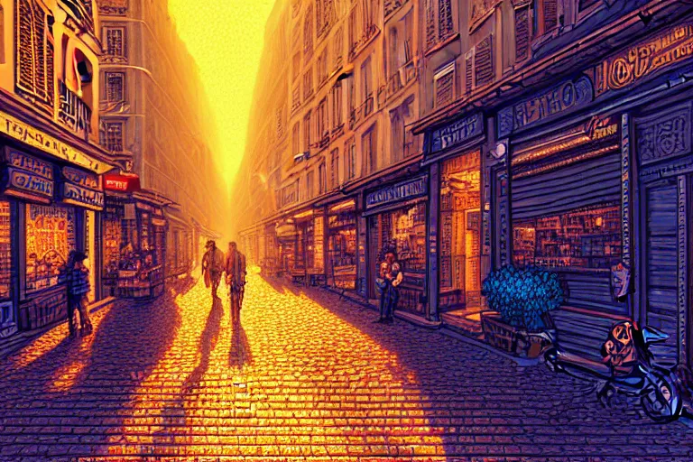 Image similar to a city street in paris under the dark sun, beautiful detailed pixelart by albertov, intricate details, beautiful, dithered gradients, volumetric lighting, cgsociety, artstation, smooth, sharp focus, 2 d illustration, amazing art by dan mumford