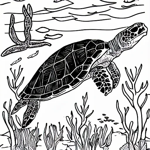 Prompt: grayscale coloring page of an underwater sea turtle