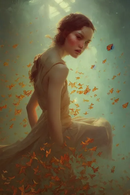 Prompt: sea of butterflies, oil painting, sunlit, paint texture, digital painting, highly detailed, artstation, sharp focus, illustration, concept art, ruan jia, charlie bowater, tom bagshaw, norman rockwell