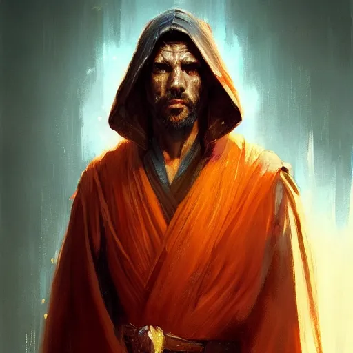 Image similar to portrait of a man by greg rutkowski, jedi master, arabian features, messy long black hair, wearing orange jedi robes, star wars expanded universe, he is about 6 0 years old, highly detailed portrait, digital painting, artstation, concept art, smooth, sharp foccus ilustration, artstation hq