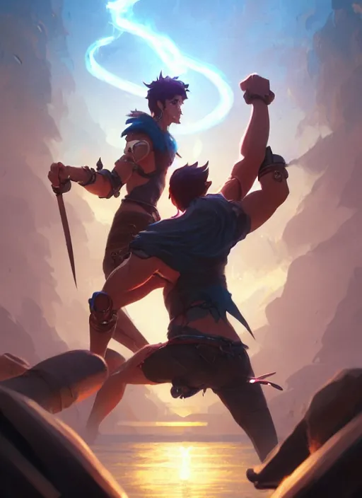 Prompt: highly detailed portrait of barbarians fist bumping in front of swords, lightning in background, video game cover art,, unreal engine, fantasy art by greg rutkowski, loish, rhads, makoto shinkai and lois van baarle, ilya kuvshinov, rossdraws, tom bagshaw, global illumination, radiant light, detailed and intricate environment