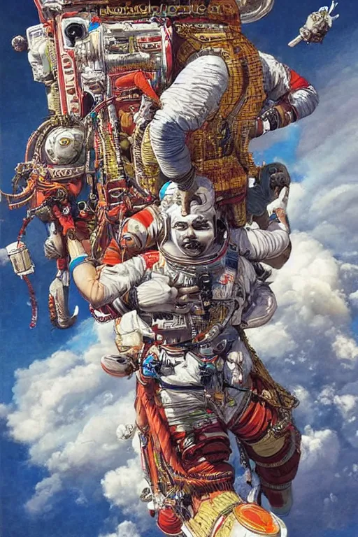 Prompt: a hyperrealistic portrait of Indian god\'s flying in space, 8k, by rlon wang and Kim Jung gi