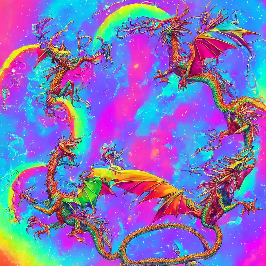 Prompt: rainbow dragon in the style of beeple mixed with lisa frank. fantasy art. detailed. ornate. trending on artstation