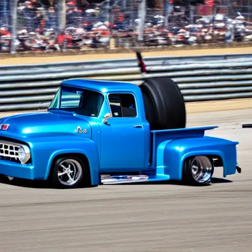 Prompt: a 1 9 5 6 ford f - 1 0 0 custom cab driving on a racetrack