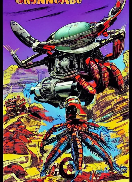 Image similar to comic book cover of a giant mechanical crab at the grand canyon by jack kirby!!! and simon bisley, epic, awesome bright color palette, hard contrast, black ink outlines