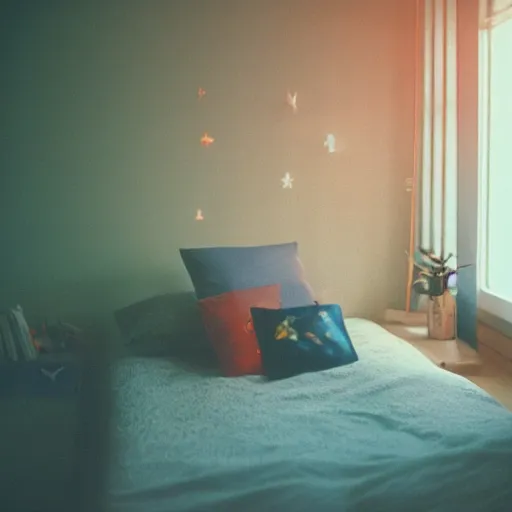 Prompt: calm photo of a futuristic otaku bedroom, bokeh + calm lighting kodak portra 8 0 0