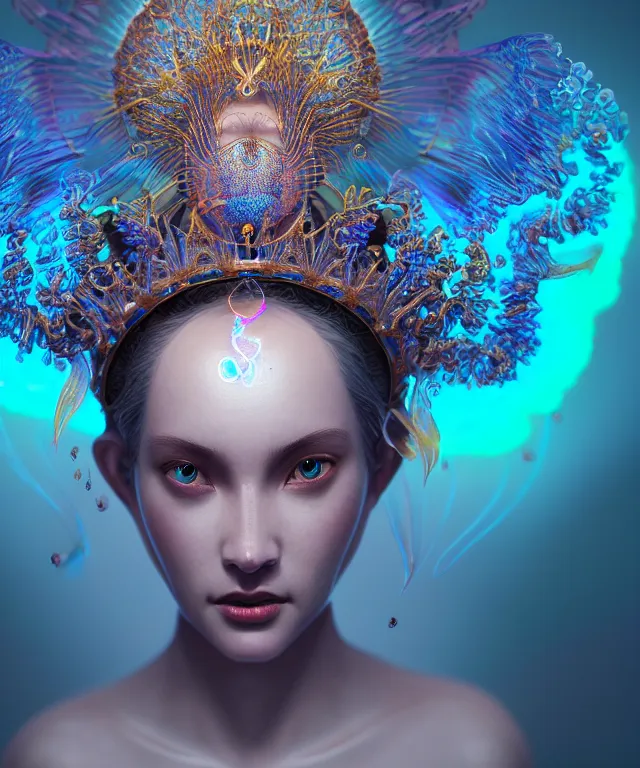 Prompt: symmetrical, centered, close-up portrait of goddess wearing crown made of betta fish, phoenix, bioluminiscent elements, intricate artwork by Tooth Wu and wlop and beeple. octane render, trending on artstation, greg rutkowski very coherent symmetrical artwork. cinematic, hyper realism, high detail, octane render, 8k