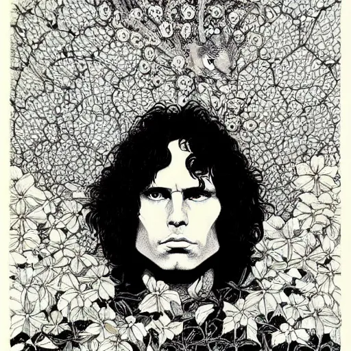 Prompt: symmetrical jim morrison as a lizard king, very detailed style of takato yamamoto lots of flowers