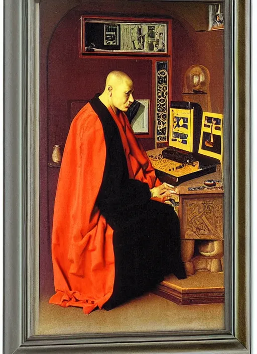 Image similar to a portrait of a monk using his mainframe by Jan van Eyck