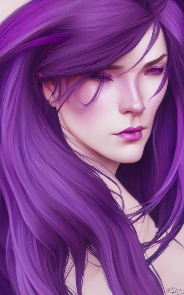 Image similar to Purple hair, creative colouring Portrait of woman face profile, fashion, coloured strands of hair, intricate, elegant, highly detailed, digital painting, artstation, concept art, smooth, sharp focus, illustration, art by artgerm and greg rutkowski and alphonse mucha, 8k