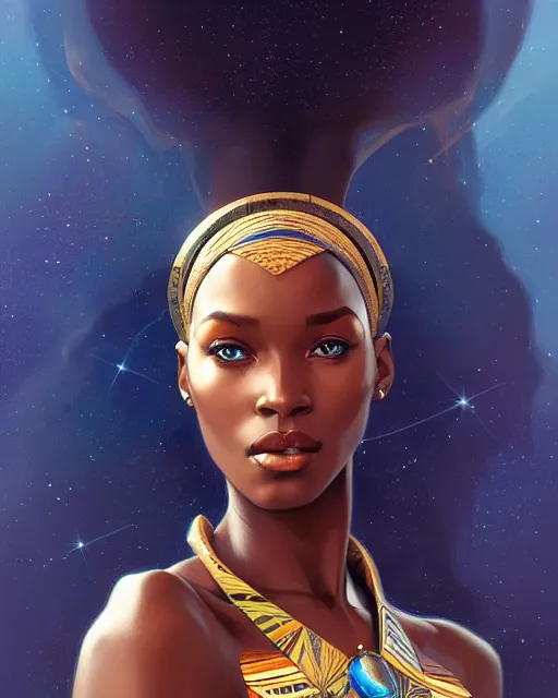 Image similar to Portrait of very very very very very very beautiful african woman, spacesuit, blue eyes, intricate, elegant, highly detailed, digital painting, artstation, concept art, smooth, sharp focus, illustration, art by artgerm and greg rutkowski and alphonse mucha