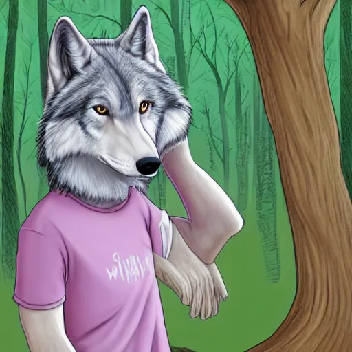 Image similar to Beautiful portrait drawing of an anthro anthropomorphic mint-wolf, wearing a cute pastel t-shirt, in Summer, at a forest. digital art