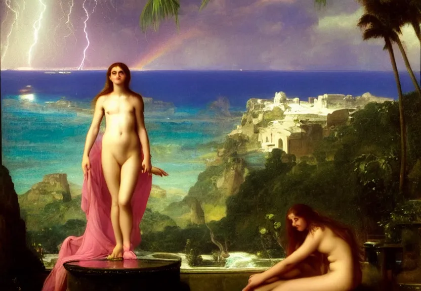 Image similar to Girl at the palace, refracted sparkles, thunderstorm, greek pool, beach and Tropical vegetation on the background major arcana sky, by paul delaroche, hyperrealistic 4k uhd, award-winning, very very very detailed