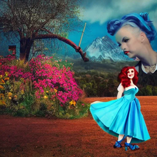 Image similar to giant alice in wonderland, pin up, houses, trees, mountains, woman, city, digital art, photo, blue dress, photoshop, flowers, collage