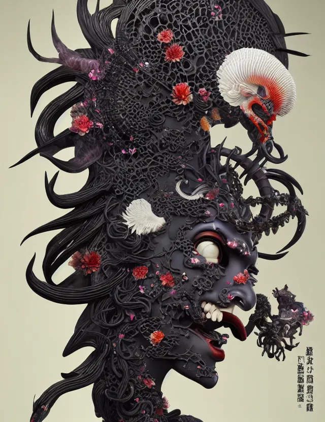 Image similar to 3 d goddess of hell close - up profile portrait with ram skull. beautiful intricately detailed japanese crow kitsune mask and clasical japanese kimono. betta fish, jellyfish phoenix, bio luminescent, plasma, ice, water, wind, creature, artwork by tooth wu and wlop and beeple and greg rutkowski