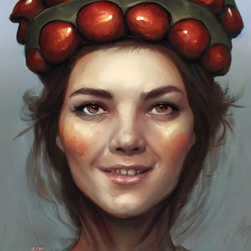 Image similar to doomguy as an attractive young smiling woman wearing a mushroom crown, face portrait, hd shot, digital portrait, beautiful, fantasy art, artstation, comic style, by artgerm, guy denning, jakub rozalski, magali villeneuve and charlie bowater