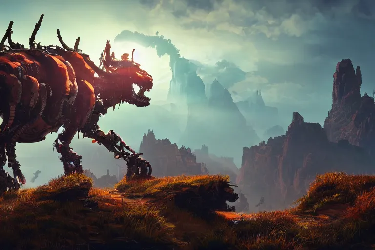 Image similar to grimhorn fanghorn machine mecanical creature robot of horizon forbidden west horizon zero dawn bioluminiscence global illumination ray tracing hdr fanart arstation by ian pesty and alena aenami artworks in 4 k