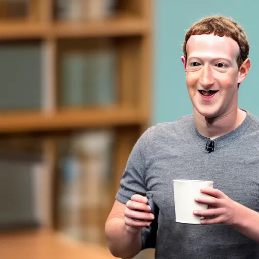 Prompt: mark zuckerberg holding circular wooden coaster and cup up to the camera