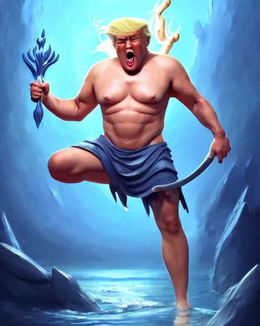 Prompt: character concept art of donald trump as poseidon in a dynamic pose | cute - fine face, pretty face, realistic shaded perfect face, fine details by stanley artgerm lau, wlop, rossdraws, james jean, andrei riabovitchev, marc simonetti, and sakimichan, tranding on artstation