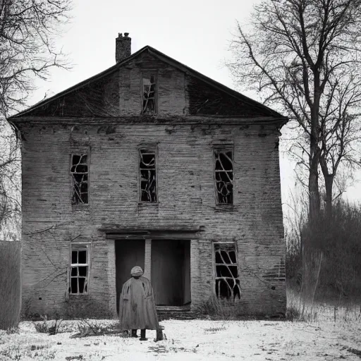 Prompt: a decaying georgian farmhouse. two thin men in black coats stand outside of the farmhouse. eerie