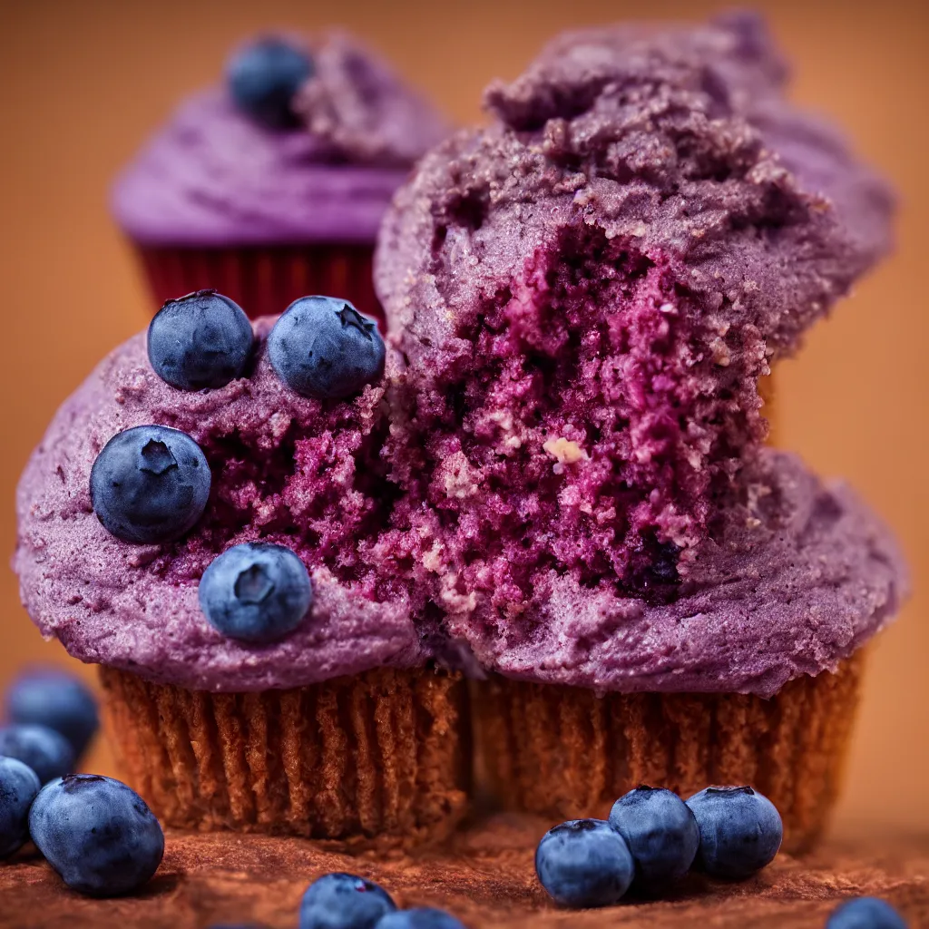 Prompt: colourful macro photo of one blueberry cupcake, photorealistic, dynamic lighting, bokeh, Carl Zeiss 85mm vintage lens