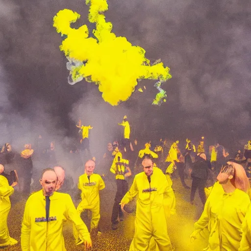 Prompt: a group of people breathing in yellow smoke, floating, possessed, euphoric, surreal, dreamy