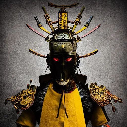 Prompt: portrait of old samurai, ready to fight, goth punk, vibrant yellow, blue, colors, surreal, a french baroque by by alexander mcqueen, hyper detailed, very detailed, photograph, cinematic lighting, photorealistic, octane render, red backdrop