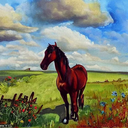 Prompt: A very very very very very very very very very very very very very very very very very very very very beautiful painting of a horse next to a cottage