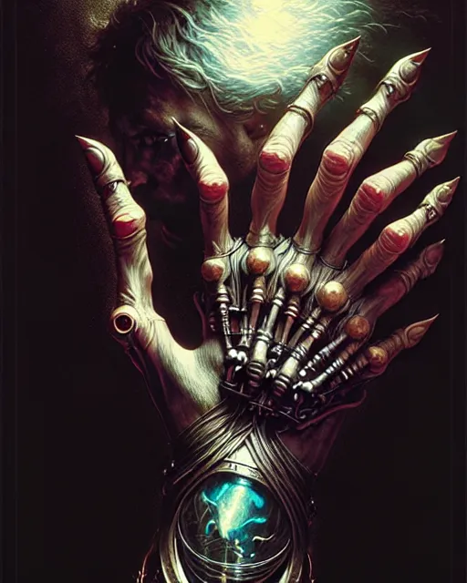 Image similar to human hand anatomy for artists fantasy character portrait, ultra realistic, cinematic, concept art, wide angle, intricate details, hologram, highly detailed by greg rutkowski, aaron horkey, gaston bussiere, craig mullins, simon bisley, arthur rackham