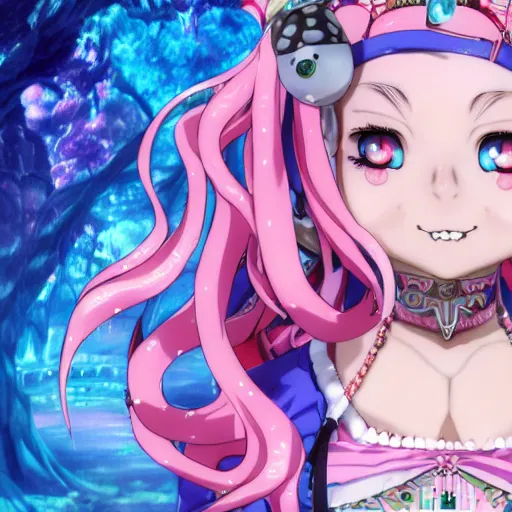 Image similar to stunningly beautilful omnipotent megalomaniacal anime asi goddess who looks like junko enoshima with symmetrical perfect face and porcelain skin, pink twintail hair and cyan eyes, taking control while smiling inside her surreal vr castle, hyperdetailed, digital art, unreal engine 5, 2 d anime style, 8 k