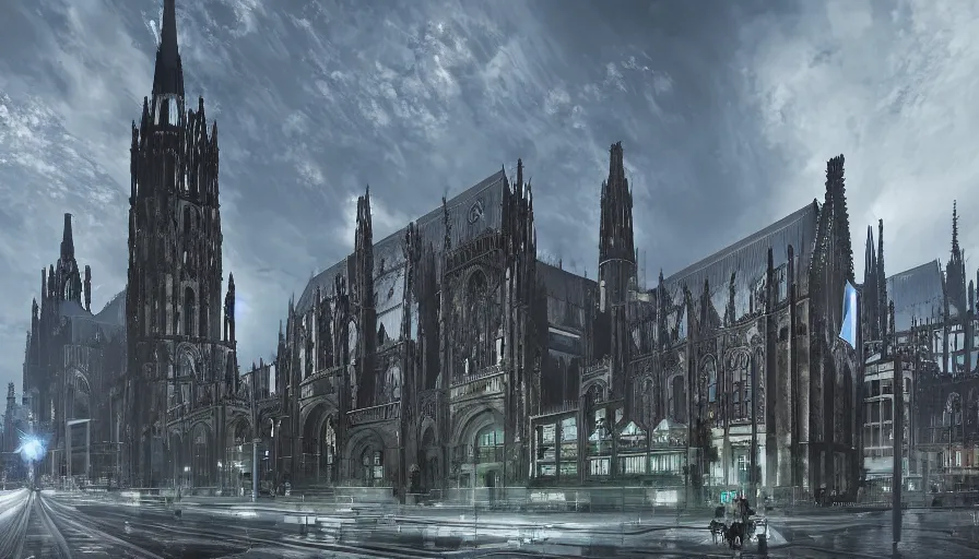 Prompt: futuristic neo - gothic berlin with glass church train station, hyperdetailed, artstation, cgsociety, 8 k