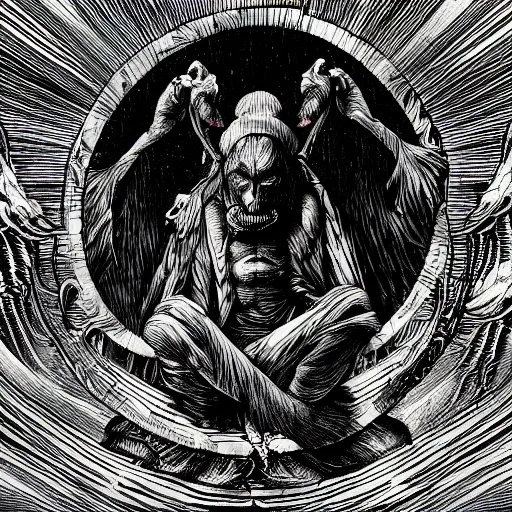 Image similar to mandrill descending from heaven, in the style of deathspell omega's fas album cover, illustration, detailed