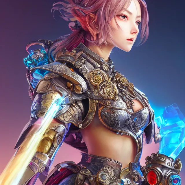 Prompt: studio portrait of lawful good colorful female holy mech paladin as absurdly beautiful, sophisticated, young gravure idol, ultrafine hyperrealistic detailed face illustration by kim jung gi, irakli nadar, intricate linework, sharp focus, bright colors, matte, octopath traveler, final fantasy, unreal engine highly rendered, global illumination, radiant light, intricate environment