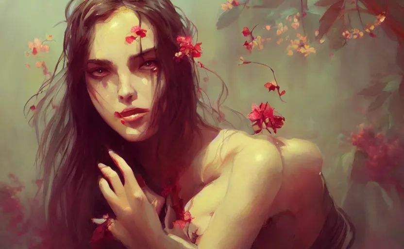 Prompt: a painting of jasmine trending on artstation in the style of greg rutkowski, beautiful, sensual, flower, portrait, adorable, alter, hell, demon