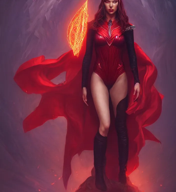 Image similar to Lucifer Morningstar as Scarlet Witch, portrait, full body, hyper detailed, digital art, trending in artstation, cinematic lighting, studio quality, smooth render, unreal engine 5 rendered, octane rendered, art style by klimt and nixeu and ian sprigger and wlop and krenz cushart