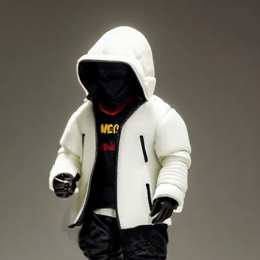 Image similar to action figure of kanye west using a full face covering black mask, a small, tight, undersized reflective bright red round puffer jacket made of nylon, dark jeans pants and big black balenciaga rubber boots, action figure, 5 points of articulation, full body, 4 k, highly detailed