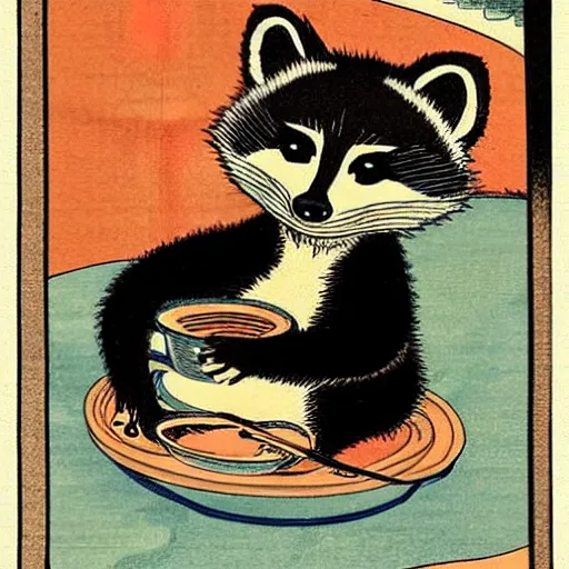 Image similar to little raccoon sitting by a cozy fireplace with a cup of tea. warm color temperature. ukiyo - e,