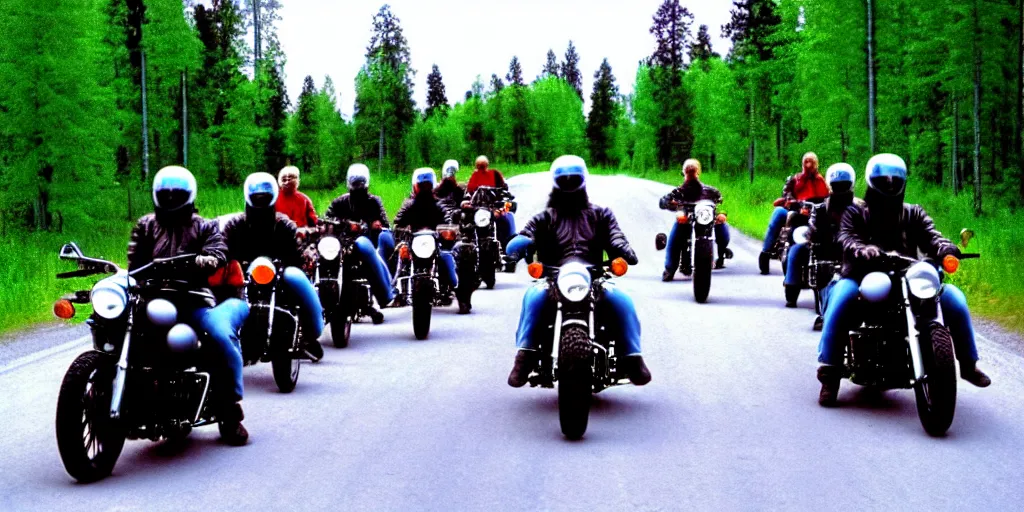 Image similar to motorcycle gang riding in finland, summer, moebius style