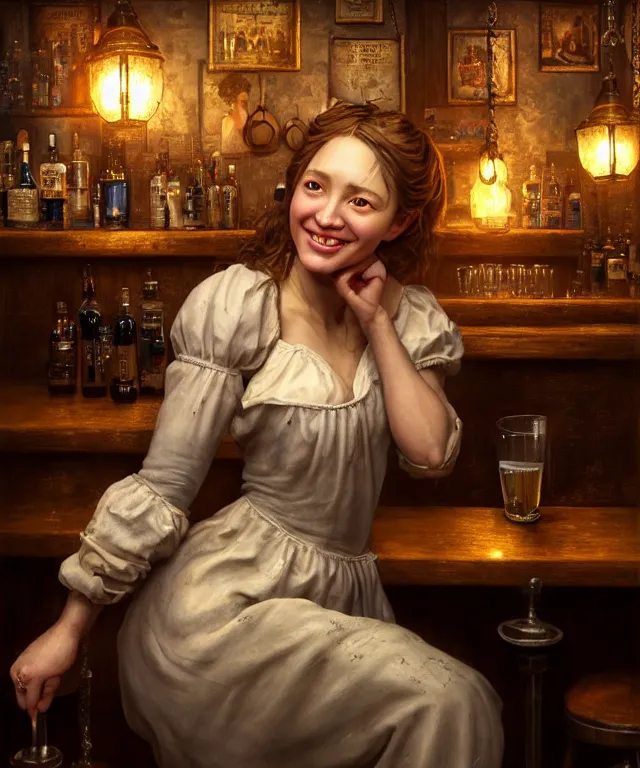 Prompt: hyperrealistic mixed media painting of a beautiful smiling charismatic barmaid, dimly lit cozy tavern, relaxed pose, medieval period, stunning 3d render inspired art by Tim Okamura + perfect facial symmetry + dim volumetric lighting, 8k octane beautifully detailed render, post-processing, extremely hyperdetailed, intricate, epic composition, grim yet sparkling atmosphere, cinematic lighting + masterpiece, trending on artstation, very very detailed, masterpiece, stunning, lifelike, photorealistic, art by John Collier and Albert Aublet and Krenz Cushart and Artem Demura and Alphonse Mucha