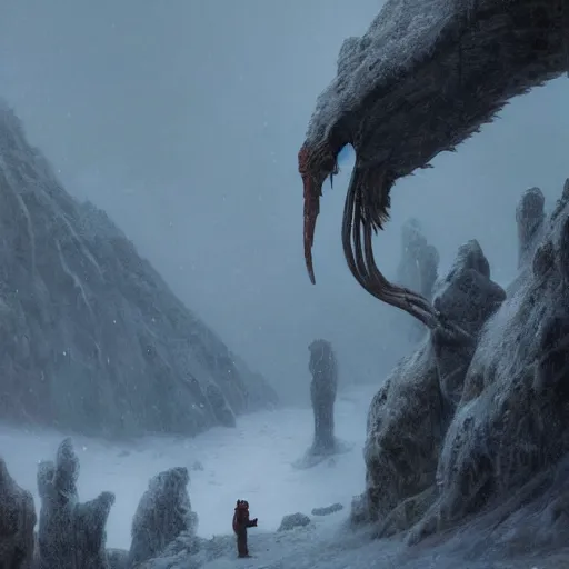 Image similar to an creature with long arms and long neck standing in the blizzardy mountains, Matte painting , detailed painting, greg rutkowski