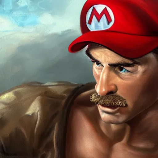 Image similar to An ultra realistic portrait painting of Mario wearing his cap in the style of Frank Frazetta, 4k, Ultrarealistic, Highly Detailed, Dark Fantasy, Epic Lighting