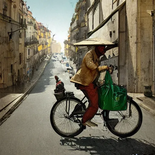 Image similar to a food delivery guy on his bicycle wearing a big green bag at the streets of Lisbon, art by Greg Rutkowski