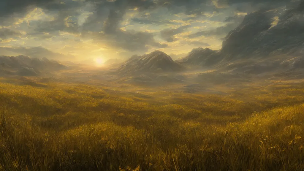 Prompt: golden grasslands, dark fantasy artwork, award winning, very very very very very very very beautiful scenery, 4k wallpaper, 8k, HDR, UE5, UE4, Unreal Engine 4, Unreal Engine 5, Hyper Resolution, Ultra Detailed award winning, trending on artstation, cinematic view