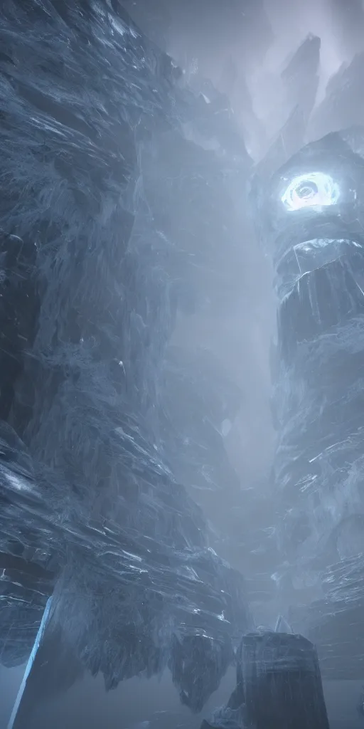 Image similar to interdimensional galaxy portal covered in frost, hugh ferriss, ice gate, volumetric light, volumetric fog, unreal engine, photorealistic, 8 k