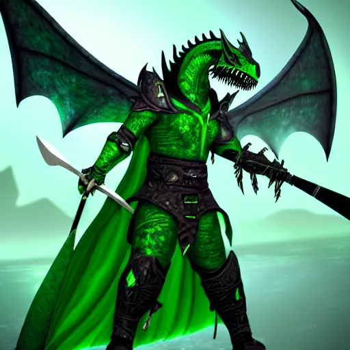 Image similar to A dragonborn with green scales and big wings, wearing futuristic clothing holding a scythe as a weapon, professional art