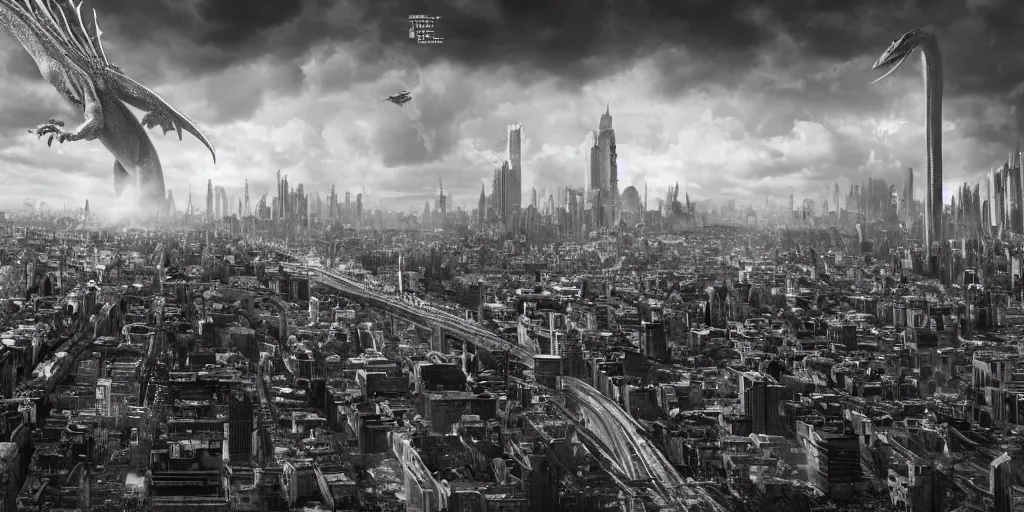 Image similar to giant lizard looming over city, grayscale, old time camera, realistic 4 k octane beautifully detailed render, 4 k post - processing, highly detailed, intricate complexity, epic composition, magical atmosphere, cinematic lighting, masterpiece, ultra hd