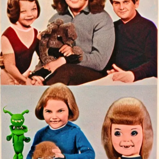 Image similar to creature family photo, toy commercial from the 60s