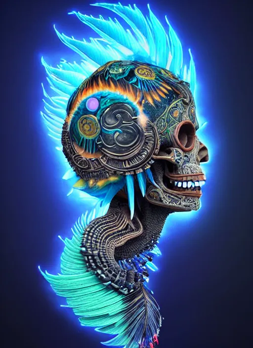 Image similar to 3 d shaman with tattoos profile portrait, sigma 5 0 0 mm f / 5. beautiful intricate highly detailed quetzalcoatl skull and feathers. bioluminescent, plasma, lava, ice, water, wind, creature, thunderstorm! artwork by tooth wu and wlop and beeple and greg rutkowski, 8 k trending on artstation,