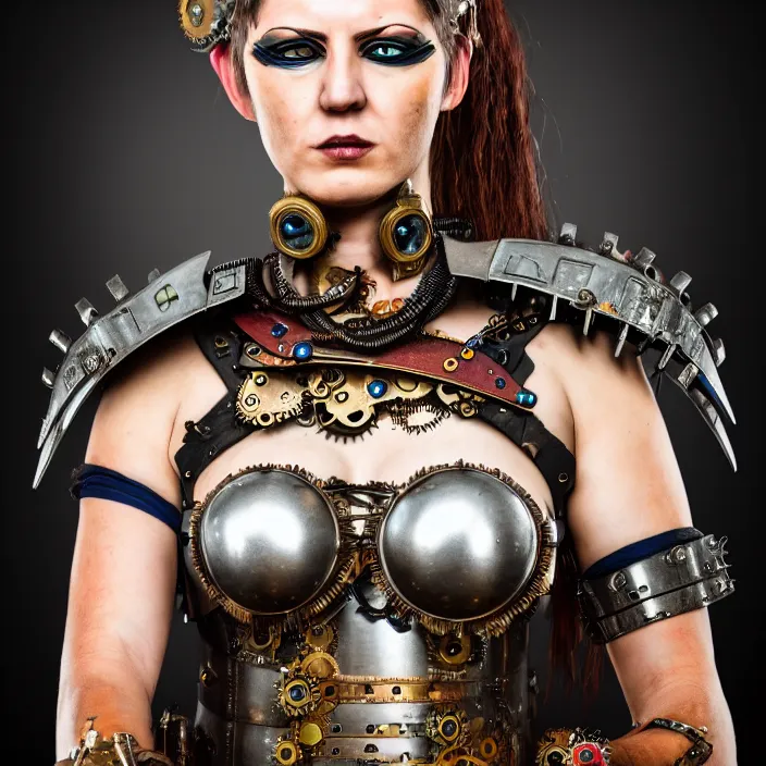 Image similar to full length portrait photograph of a real-life beautiful woman clockpunk warrior. Extremely detailed. 8k