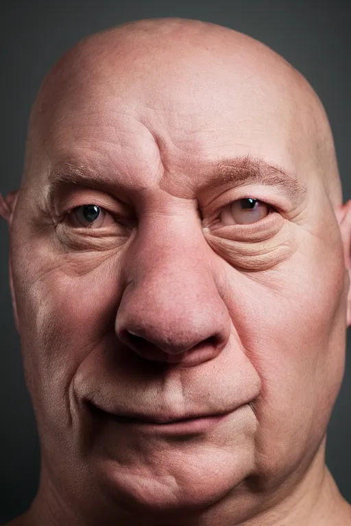 Prompt: studio portrait of man that looks excactly like homer simpson, lookalike, as if homer simpson came to life, soft light, black background, fine details, close - up, award winning photo by manny librodo